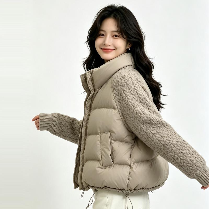 Knitted sleeve cotton-padded clothes fashionable and versatile winter splicing twist sleeve cotton-padded jacket stand-up collar warm jacket