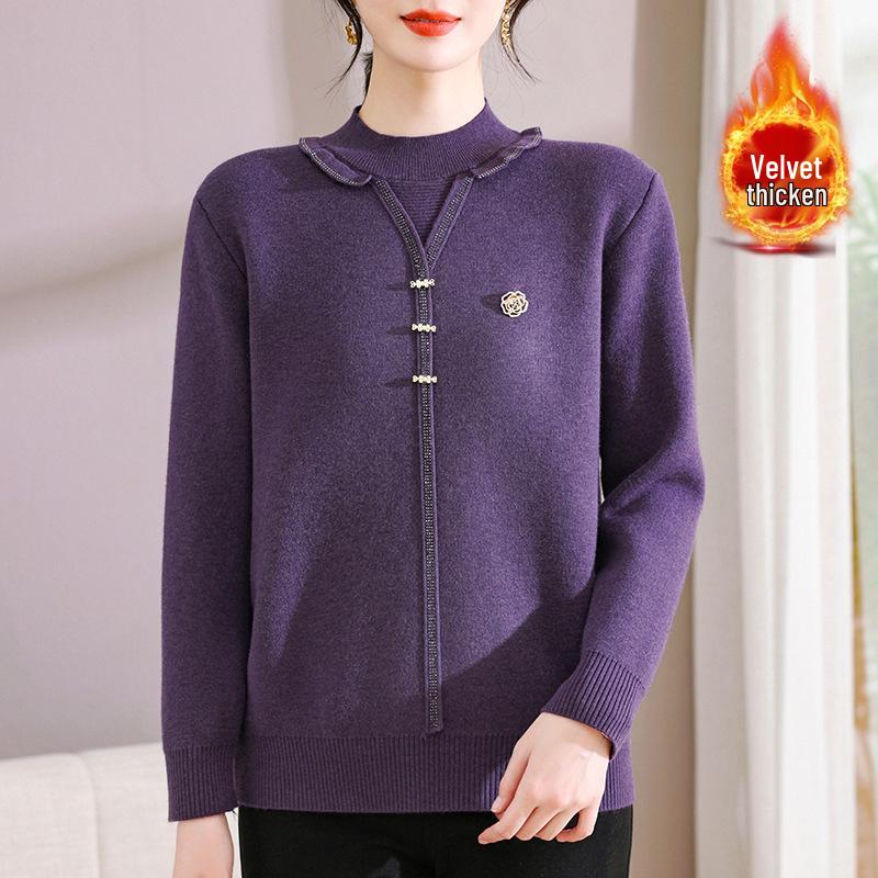 

Mom s Velvet-Lined Faux Two-Piece Winter Sweater for Chinese New Year - Warm Base Layer for Middle-Aged & Elderly Women Purple