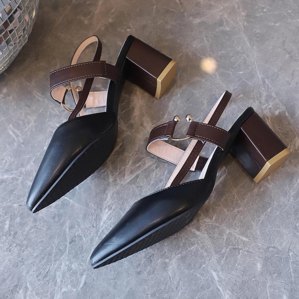 Women's Summer 2025 Pointed-Toe Backless Roman High Heel Sandals with One Strap & Chunky Heel