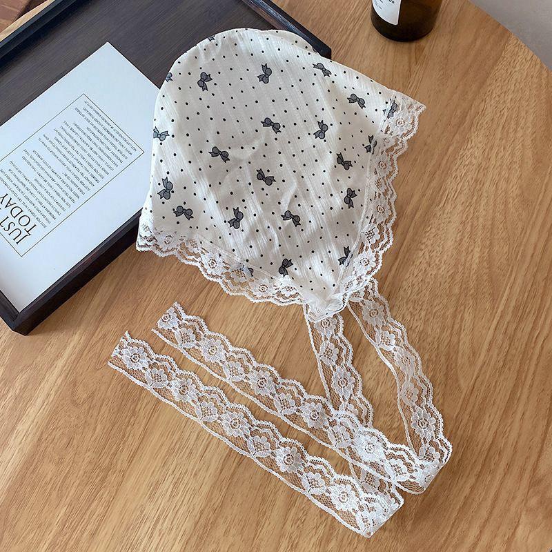 French Blue Plaid Lace Triangle Scarf Headband - Pastoral Style Women's Hair Accessory with Seaside Vibe