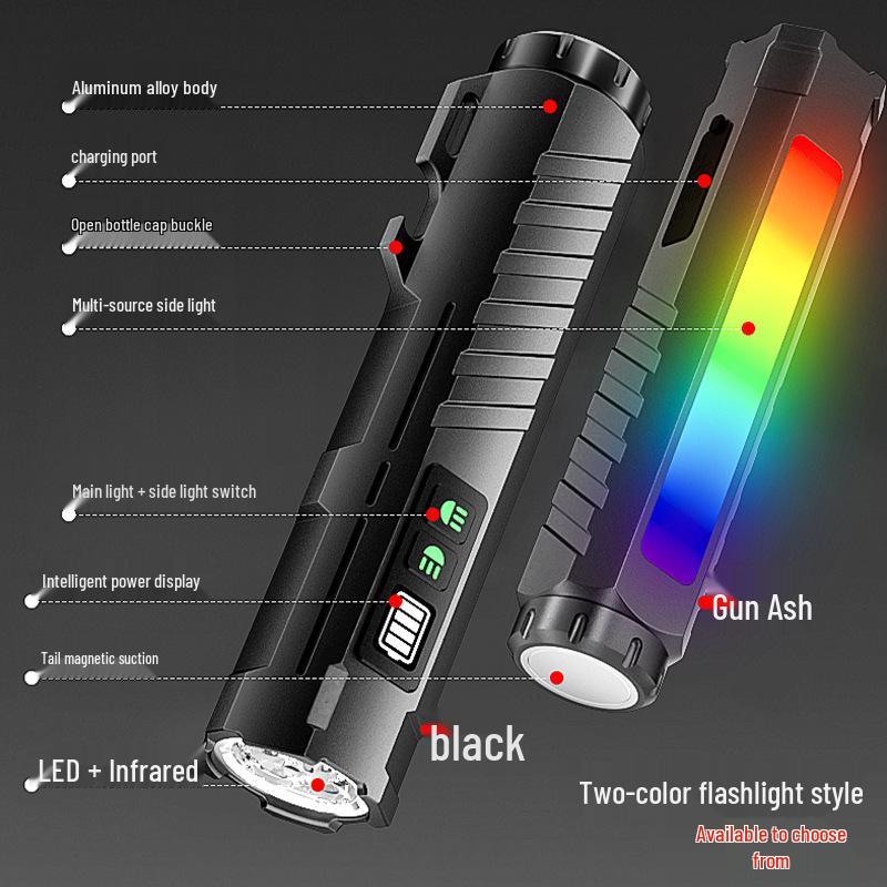 High-Intensity Black Aluminum Flashlight with Colorful Neon Light and Long Battery Life: Outdoor Multifunctional Torch