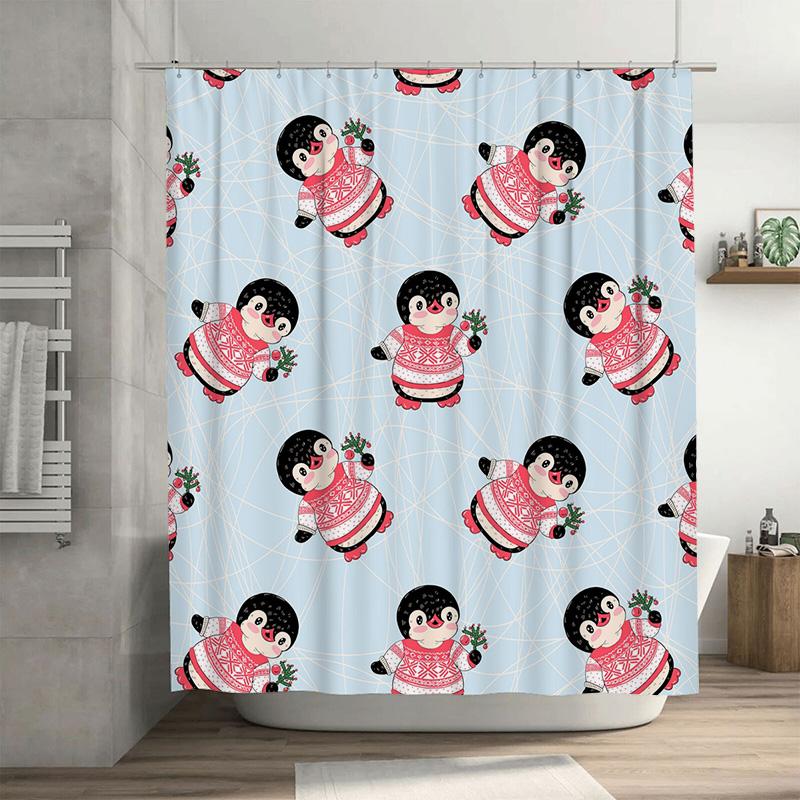 

TU Cute Penguin Shower Curtain Blue Bathroom Decor Waterproof Fabric Liner Vintage Farmhouse Coastal Home Decor Set Modern Style 90x180cm35x71in