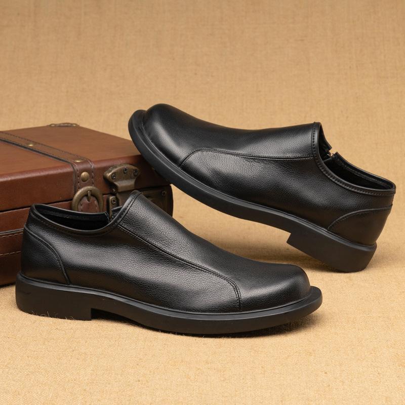 Summer New Men's Top Layer Cowhide Side Zipper Single Shoe Smooth Round Toe Trendy Casual Korean Version Business Leather Shoes