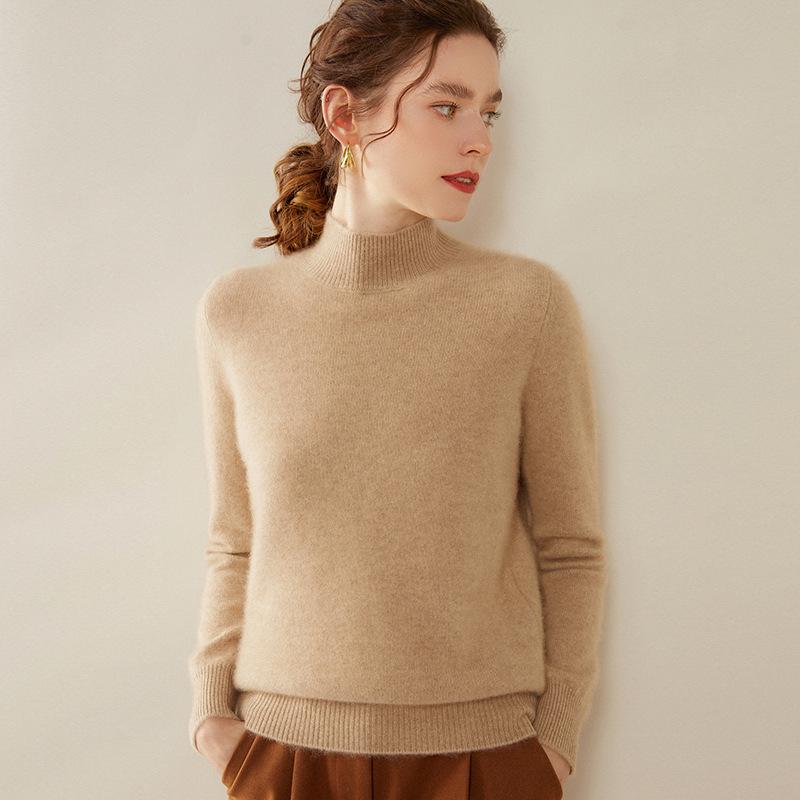 Gray Women's Cashmere Semi-High Neck Sweater - Thickened Wool Knit for Autumn and Winter