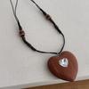 Bohemian Natural Wood Heart Pendant Necklace For Women Long Adjustable Rope Chain With Cubic Zirconia Sweater Jewelry