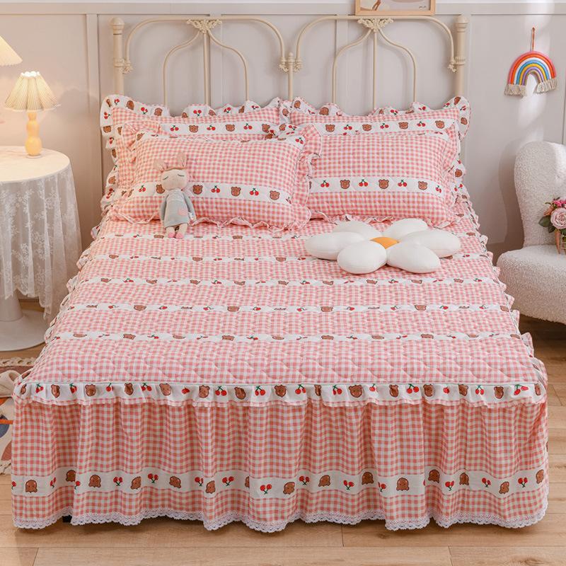 Thickened Pure Cotton Padded Bed Skirt Bedspread Cotton Padded Ruffle Edge Protection Non-slip Pillowcase Bedspread Cover