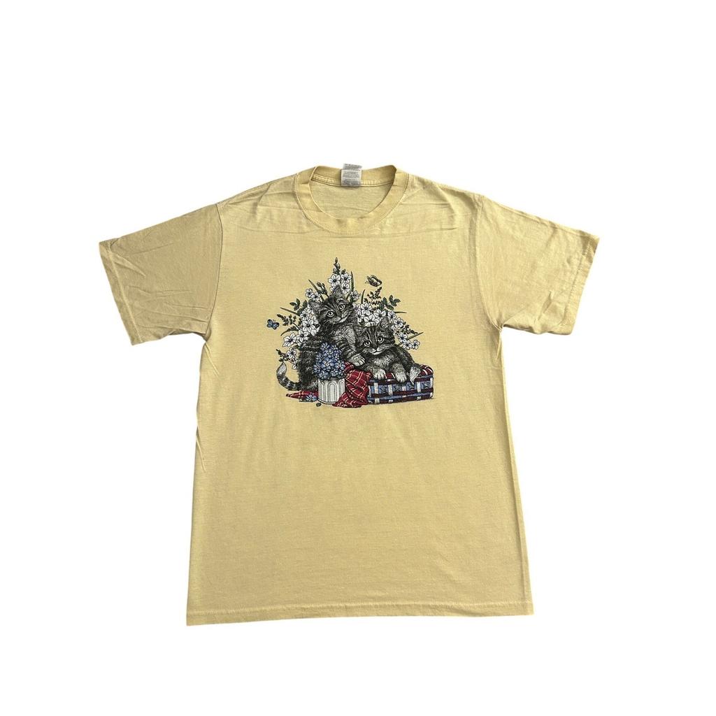 Jerzees Kitten Floral Graphic TShirt Unisex Medium Yellow Excellent Short Sleeve Unisex T-Shirt