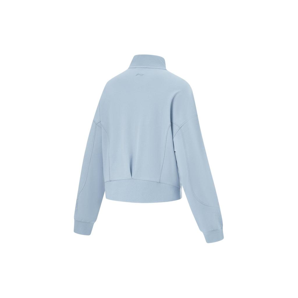 Li Ning Fitness Series Stand Collar Solid Color Zipper Long Sleeve Loose Cardigan Sweatshirt Women outerwear Light-Gray-Blue AWDU764-3