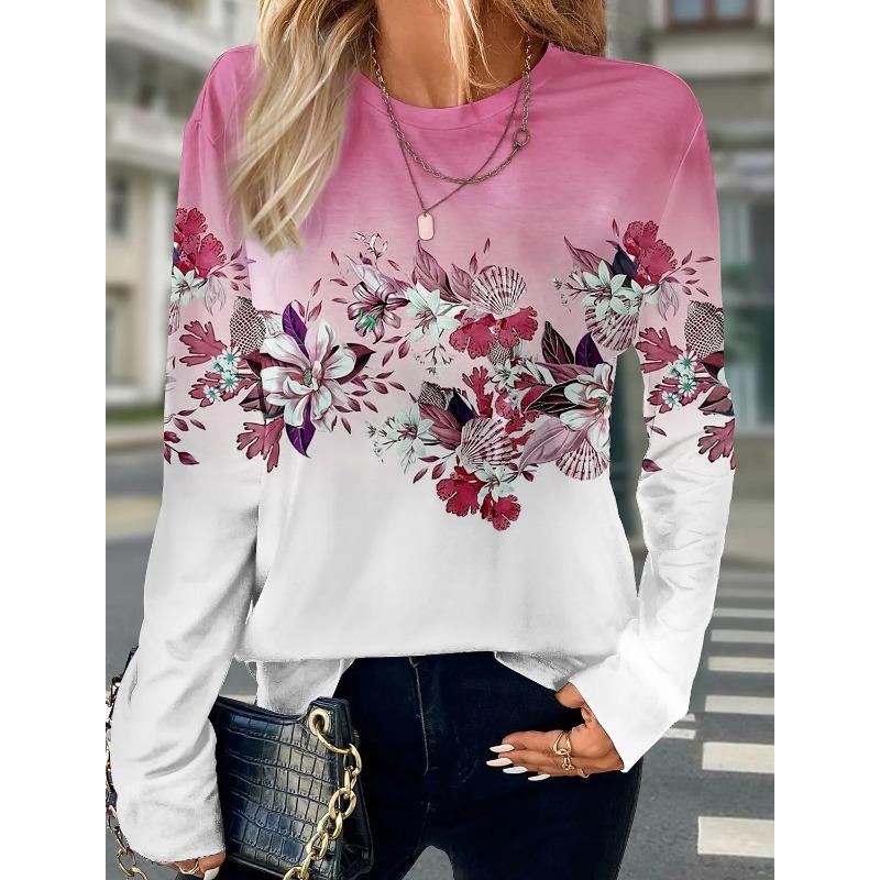 3D Print Floral Graphic Women's T Shirt Spring Autumn Long Sleeve Tops Basic Design Fashion O-Neck Fit Y2K Sweatshirt For Girls
