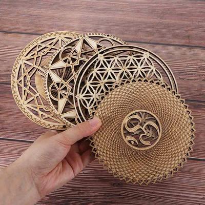 Natürliches Symbol Holz Chakra Blume des Lebens Energie Matte Runde Kante Kreise Geschnitztes Untersetzer Für Stein Kristall Set Küchenwand Dekor