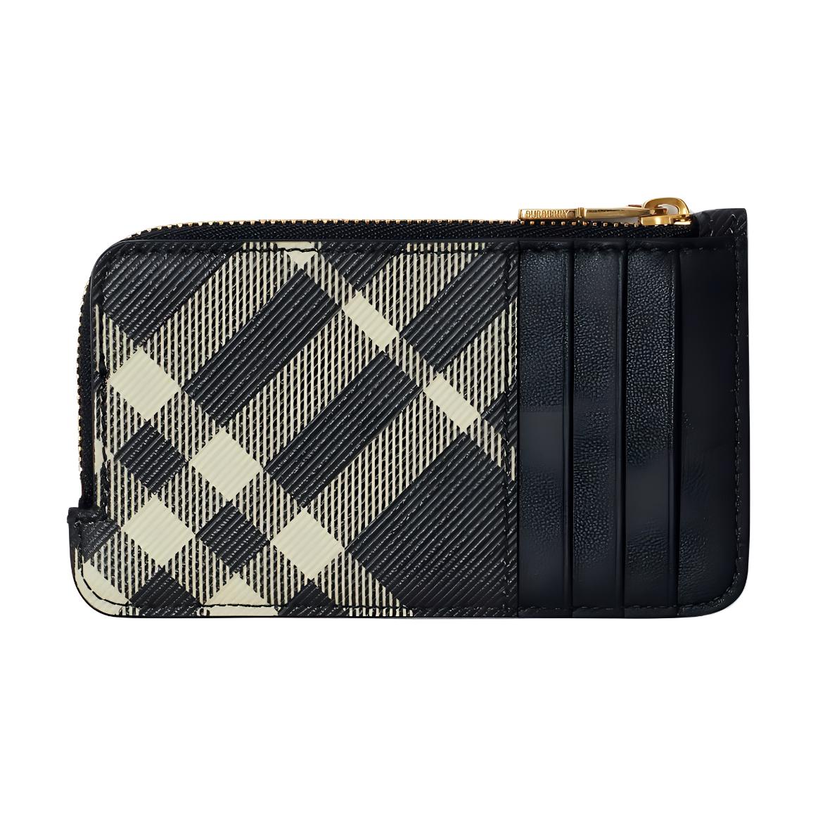 Burberry Check Zip Card Holder, Black & Beige Plaid Leather Coin Purse with Gold Hardware,Card Case for Daily Carry, Business & Travel 80951191 Basic Set (Bag+Dust Bag)