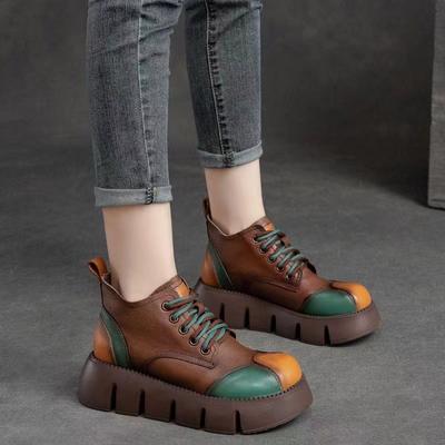 Buty w stylu retro, Modne buty damskie z okrągłym noskiem, na grubej podeszwie, sznurowane, krótkie, na platformie