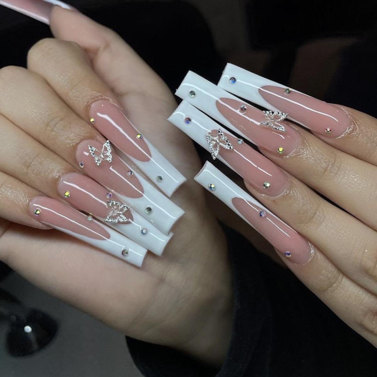 

24 Extra Long White French False Ballet Nails with Alloy Butterfly Design