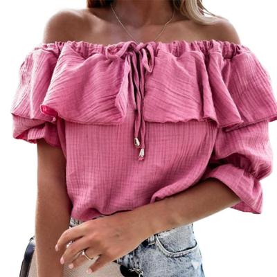 Off Large Size Design Shoulder Chic Solid Simple Color Summer Ruffle Women Tops Shopping