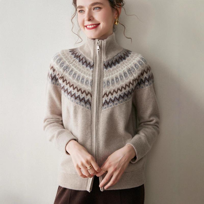 Fair Isle Jacquard Women's Color Block Cashmere Cardigan - 2025 Autumn/Winter Lapel Zipper Jacket