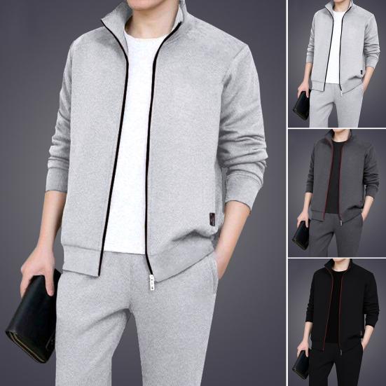 1 Set Jacket Pants Set Solid Color Zipper Autumn Winter Ribbed Cuff Coat Drawstring Pants for Daily Wear