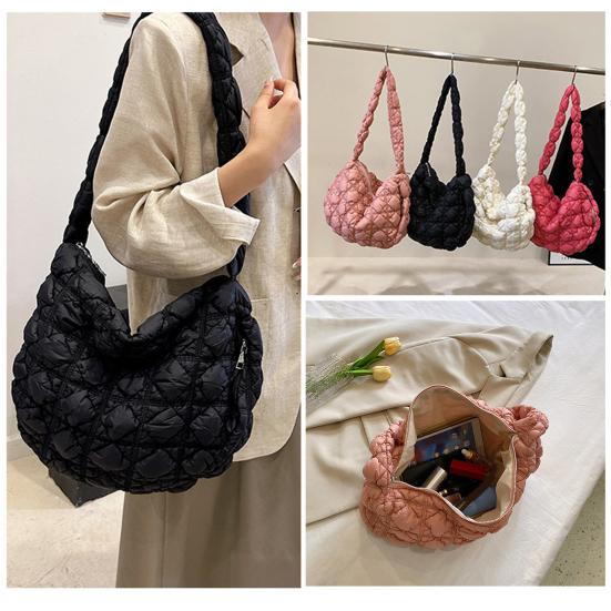 Women Quilted Tote Bag Solid Color Large Capacity Soft Puffer Handbag Portable Lightweight Crossbody Bag