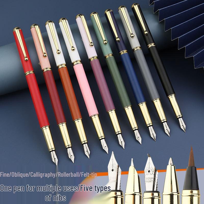 Children's Fine Nib Fountain Pen Set with Engravable Option, Includes Replaceable Ink Cartridges for Student Calligraphy Practice.