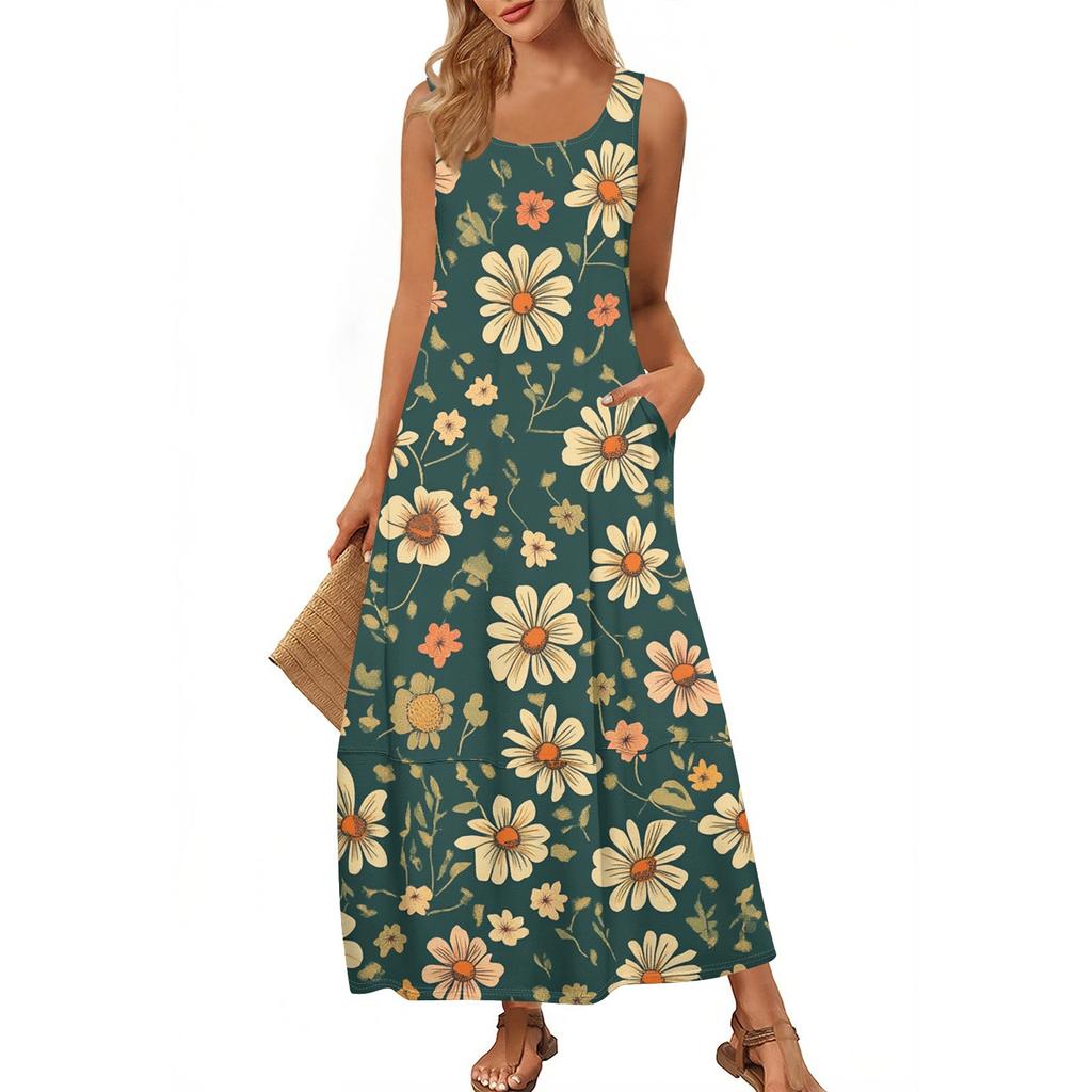 Women's Casual Floor-length Sundress Summer Beach Dress Round Neck Sleeveless Loose  Print Sundress