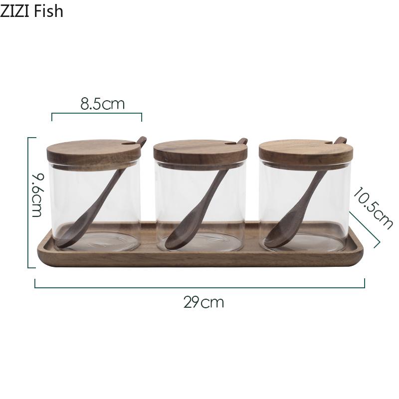 Glass Seasoning Jar Seasoning Box with Wooden Lid Seasoning Storage Jar with Tray Kitchen Salt Shaker Seasoning Jar Home Decor