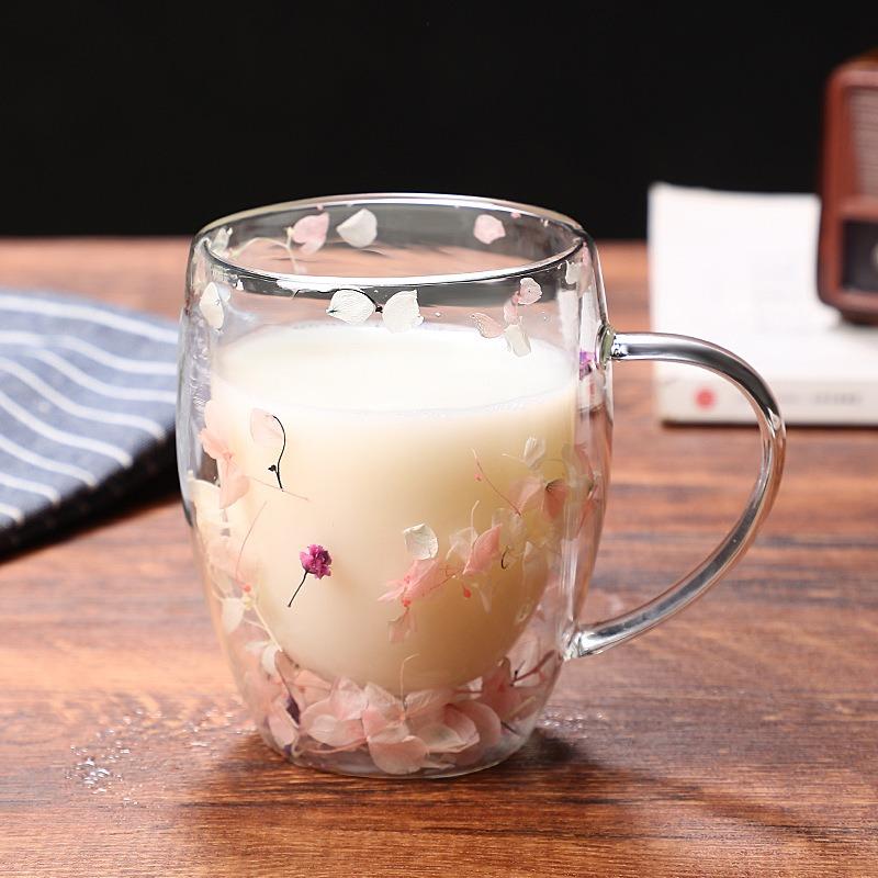 Fillings Dry Flowers Double Wall Glass Cup With Handle Heat Resistant Hot Cold Beverage Tea Coffee Insulated Mug Creative Gift