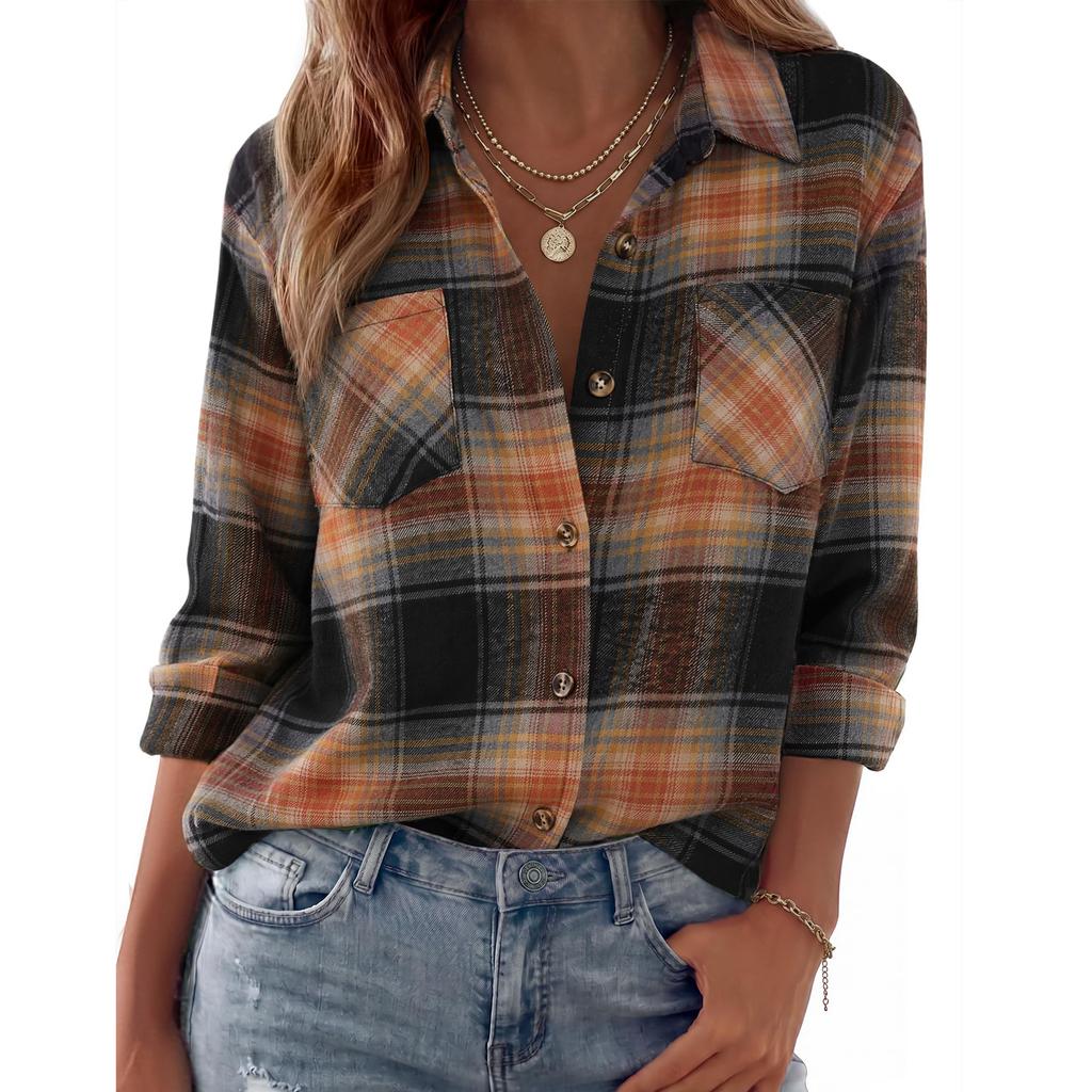 Women's Casual Plaid Long Sleeve Lapel Collar Cardigan Shirt