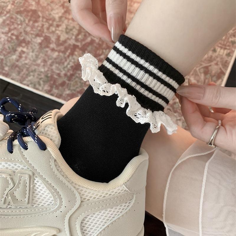 American European Style Lace Cuffed Striped Socks Women'S Early Autumn Lace Sweet Internet Celebrity Middle Tube Pile Socks