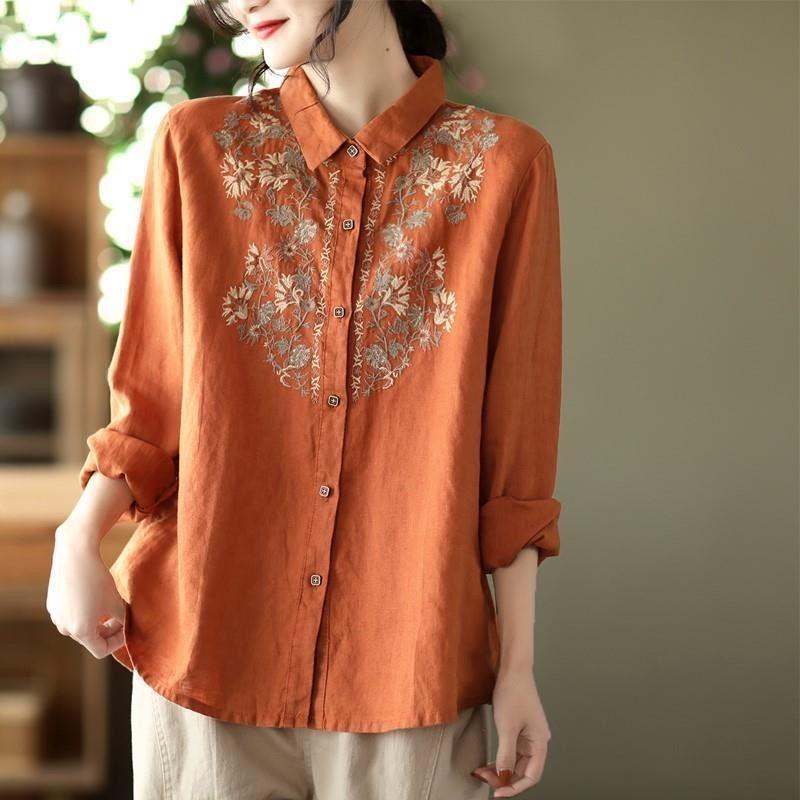 Retro Blouses Women National Shirt Linen Shirt Loose Embroidered Blous Laple Long Sleeve Cardigan Shirts