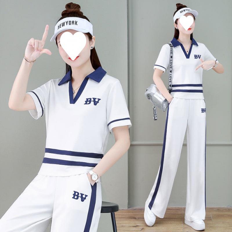 Casual Short-sleeved Sportswear Women's Summer Fashion Thin Wide-leg Pants Two-piece Professional Suit