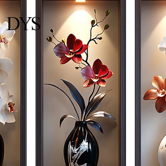 Easy Install Wall Sticker 3 Pcs 3D Vase Stickers Vintage Flower Art Space Extension Self-Adhesive Colorful Floral Blossom Decals for Bedroom