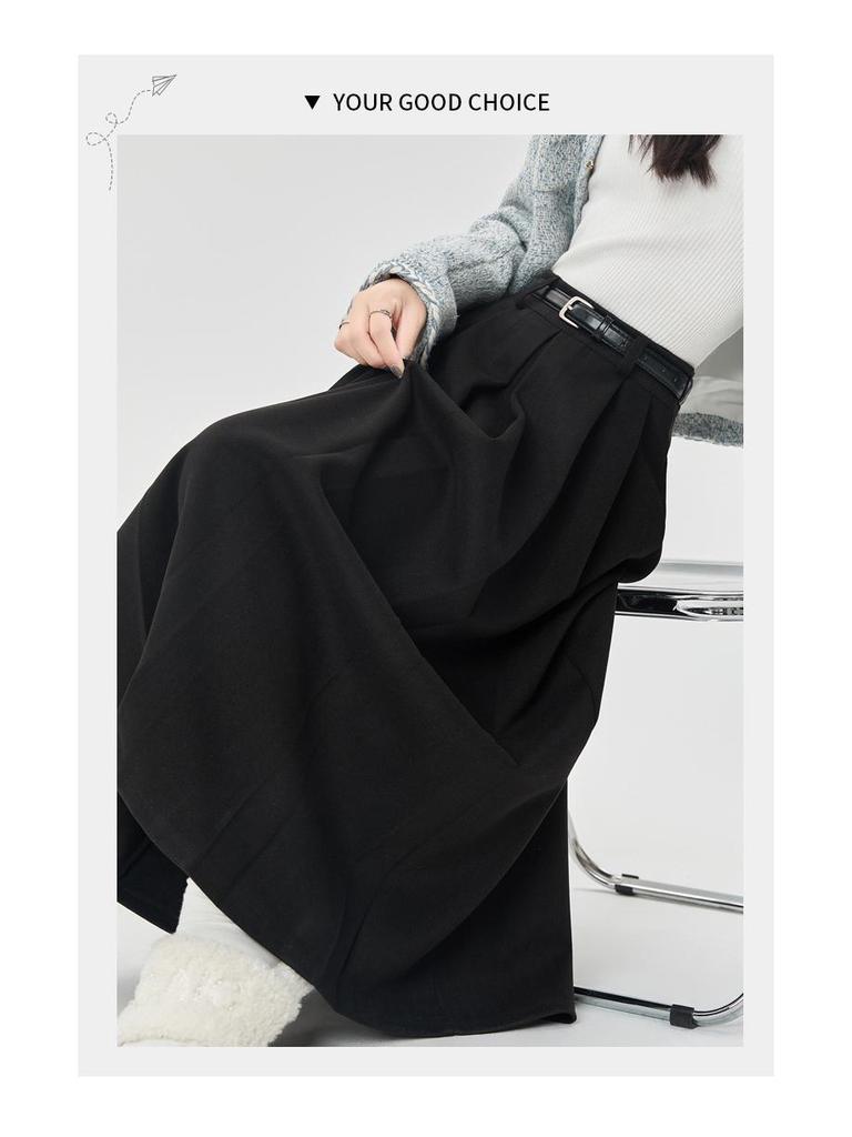 High-Waisted Coffee Wool Skirt for Women, Autumn-Winter Style, Pleated A-Line, Petite Fit, Mid-Length, Perfect Drape