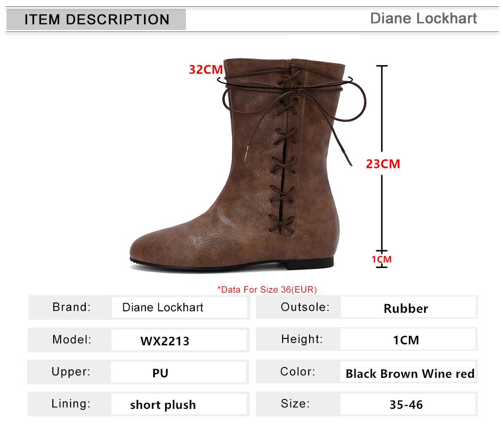 Women Mid Calf Boots Retro Cross Straps Flats Elegant Boots Spring Autumn Lace-Up Boots Party Shoes Round Toe Flat Booties Botas