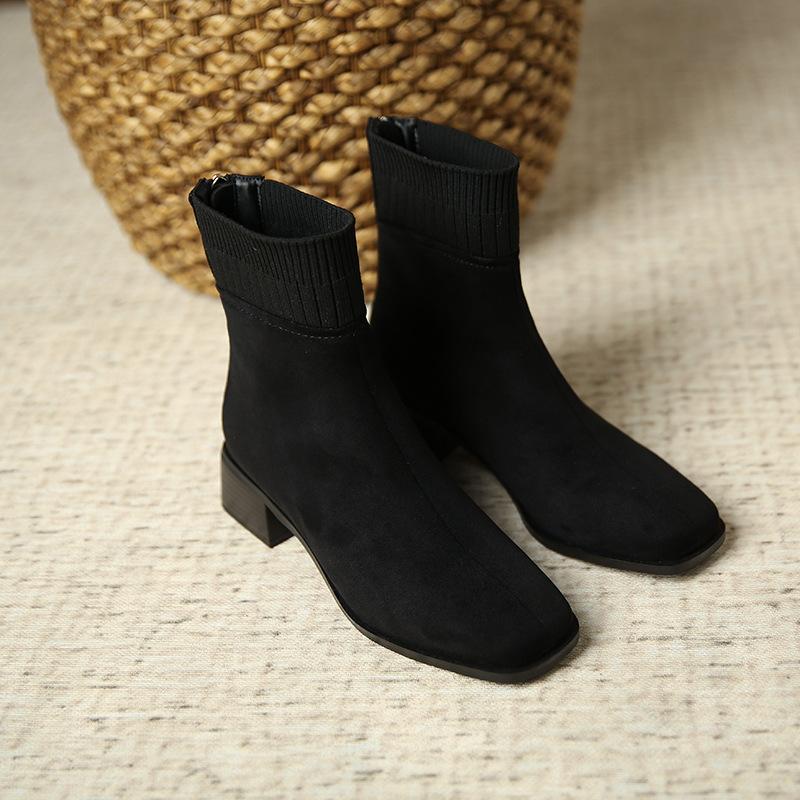 

9322-1 Square head thick heel elastic women s boots autumn and winter knitted velvet rear zipper fashion boots European and American style short boots 35 чёрный