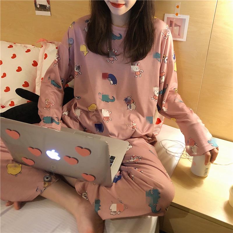 Women's Long-Sleeve Cartoon Pajama Set - Cute Korean Style Homewear for Autumn, Winter, Spring - Plus Size Available