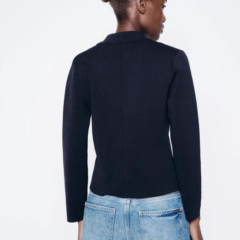 Spring New Arrival Flower-Shaped Button Decoration Short Lapels Dark Blue Knitting Suit Outwear 2142102