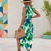 Women Plus Size U Neck Sleeveless Green Beige Tropical Leaf Printed High Side Slit Dress