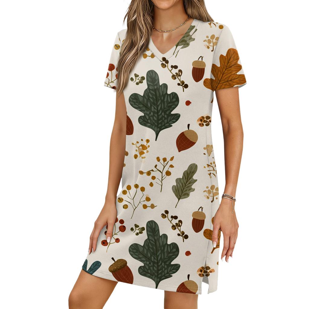 Women's Casual V-neck Short Sleeve Split Hem Floral Print Dress