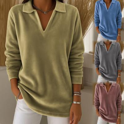 Women's Polo Collar V Neck Velvet Long Sleeve Sweatshirt Solid Loose Casual Fleece Pullover Top