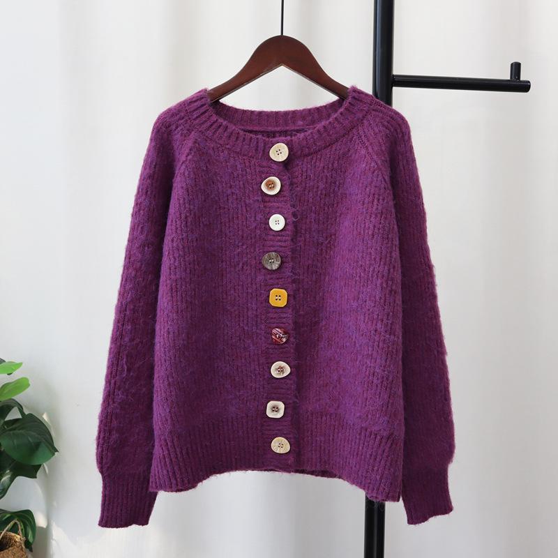 

Purple irregular color button-knitted cardigan spring new loose design sweater jacket women one size fits all фиолетовый