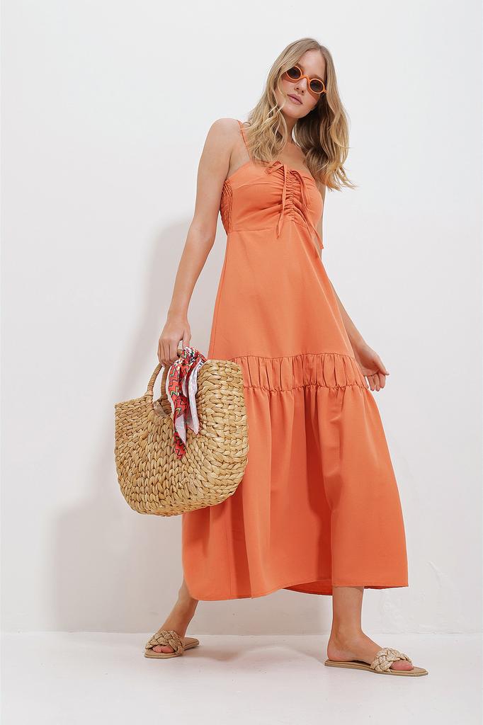 Women's Dress New Season Fashion Brown Adjustable Strap Gabared on the Back Zippered Gabardine Linen Dress