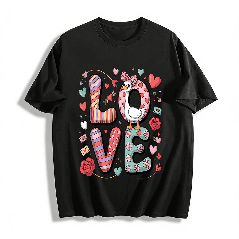 Cute Goose LOVE Print Casual Tee Unisex Holiday Vibe Top Pure cotton T-shirt XXS