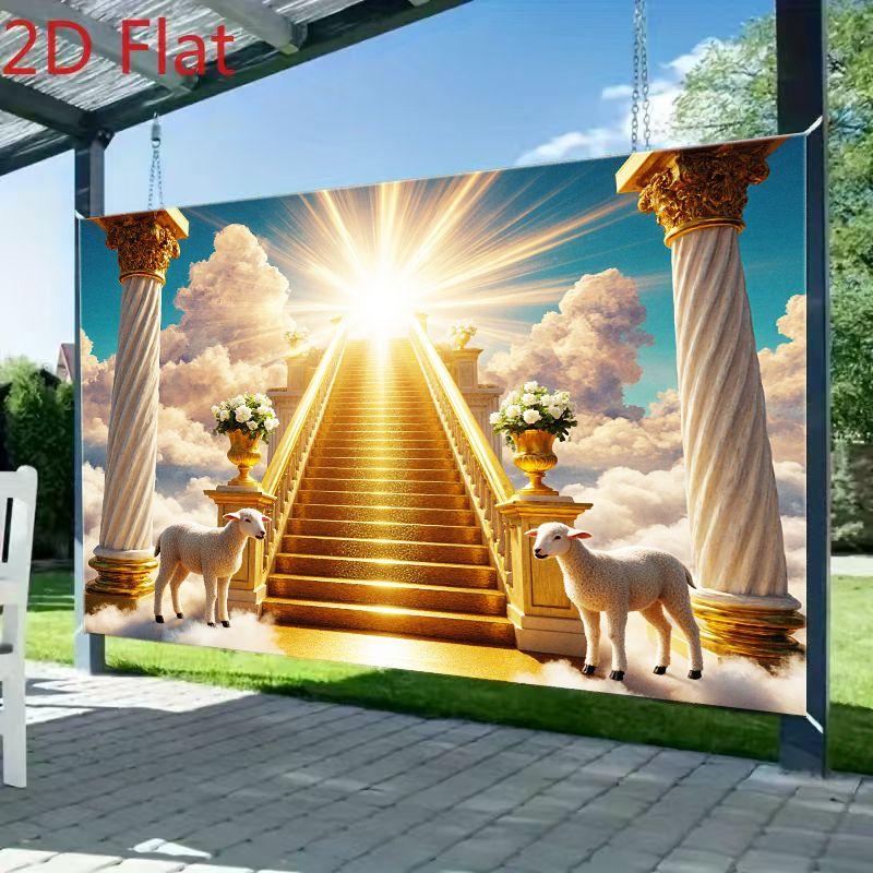 2 D Plane Brilliant Golden Stairs Background Mingled with the White Clouds Suitable for Wedding Celebration Polyester Fiber