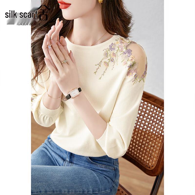 

Women s Sweet Floral Hollow-Out Knit Pullover Top L