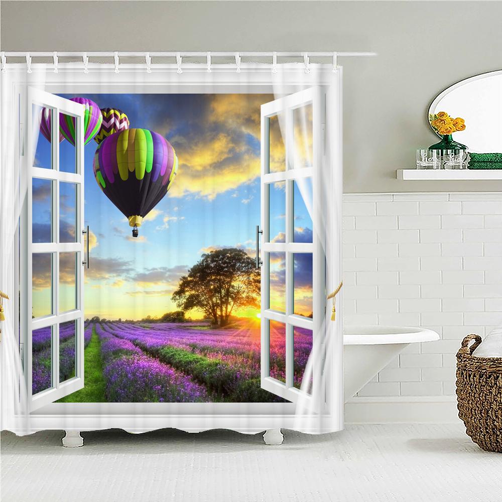 Rural Garden Flowers Seaside Scenery Shower Curtain Waterproof Bathroom Curtains Beautiful Sea landscape Bath Screen with Hooks