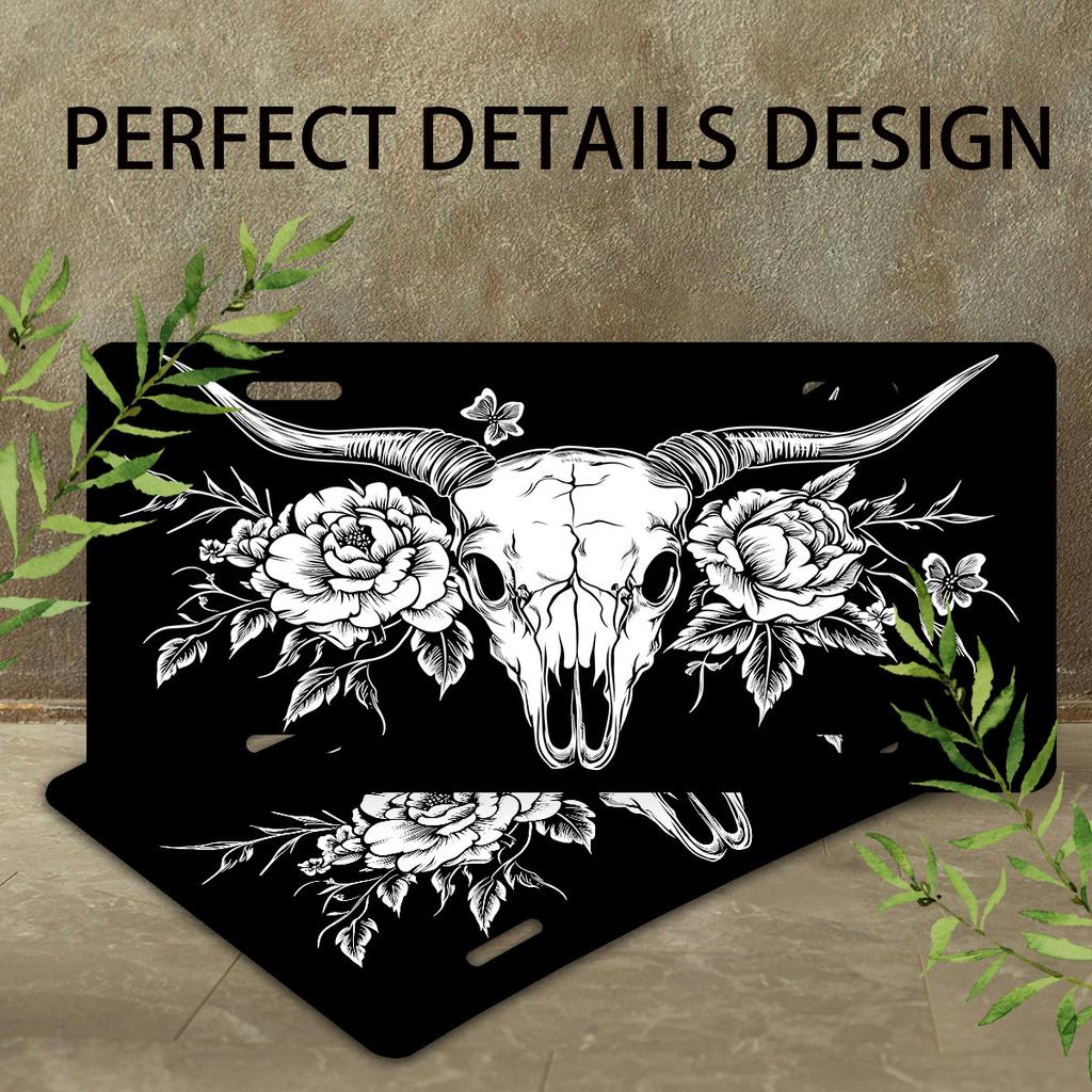 Black And White Cow Skull Aluminum License Plate | 6×12 Inches, Perfect for Personalizing Your Car with a Humorous Touch,