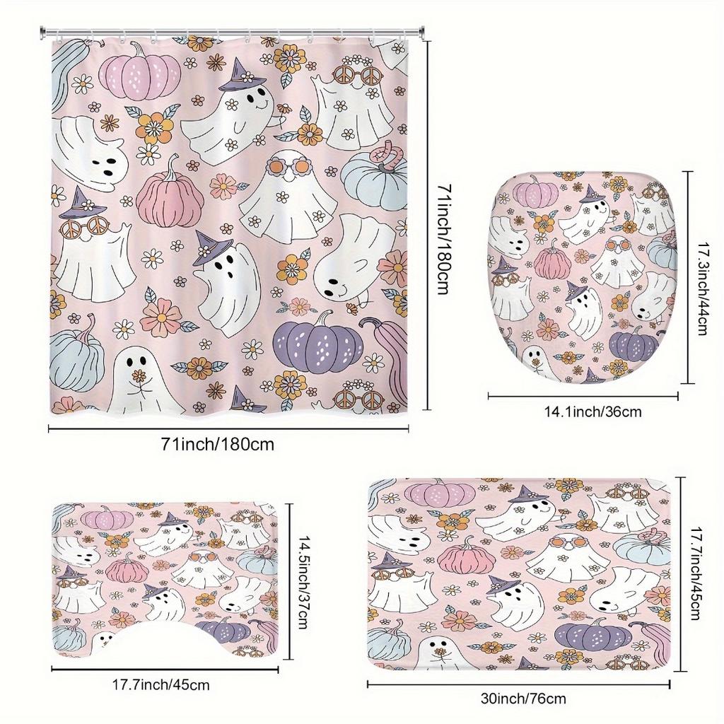 1/4Pcs Halloween Decoration Pink Cute Ghost Pattern Shower Curtain Bathroom Decor Halloween Decoration Indoor Showr Curtain