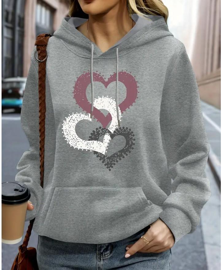 Women's Heart Print Hooded Sweatshirt with Pockets - Comfortable Long Sleeve Casual Wear
