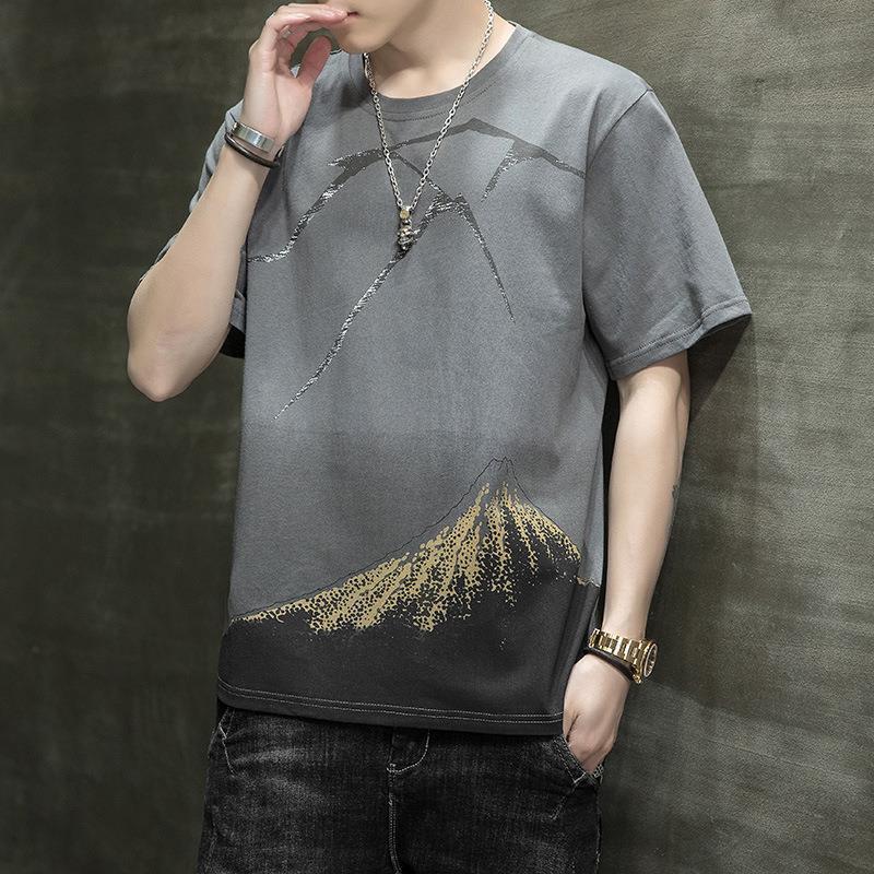 Men's White Mountain Print T-Shirt, Casual Short Sleeve Mount Fuji Graphic Top for Daily Wear