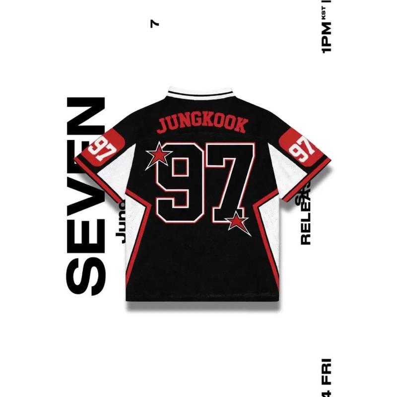 Black Red Star Mesh Jersey JUNGKOOK 97 Seven 07 Lightning Print V Neck Oversized Breathable Kpop Fan Concert Short Sleeve Top