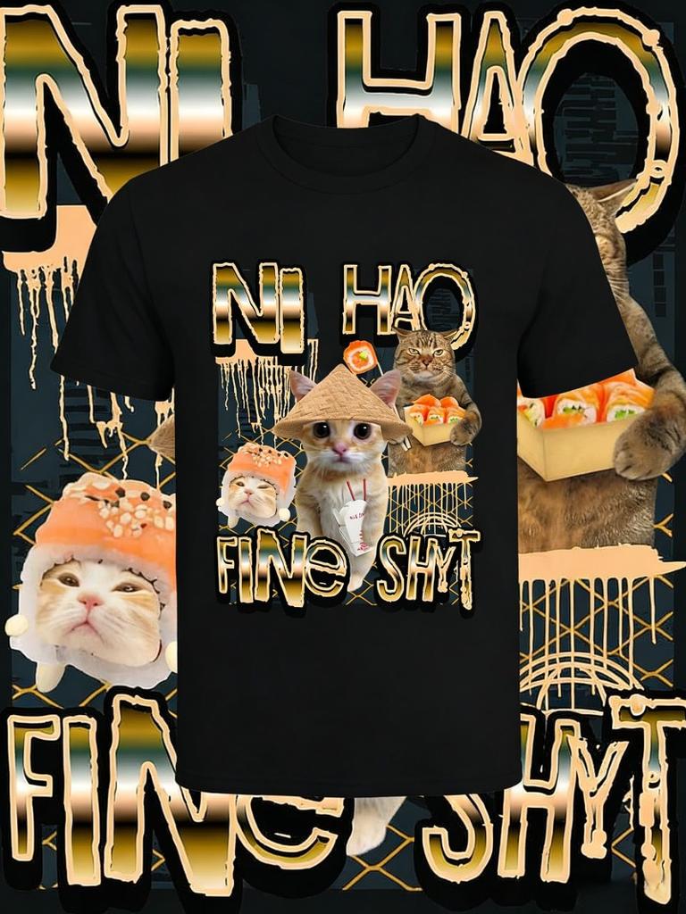 Ni Hao Fine Shyt Funny Brainrot Gen Z Meme TShirt Cotton Unisex Graphic Retro Streetwear Crewneck Shortsleeved Mens Tshirt